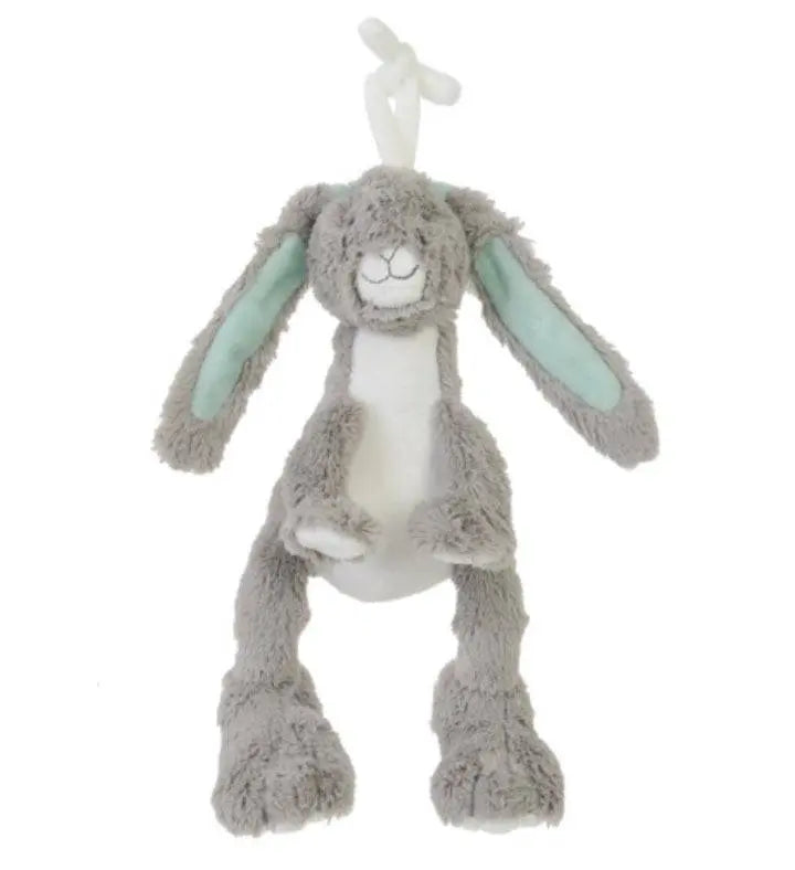 Plush grey rabbit with crackling ears, rattle, squeak, and stroller attachment cords.