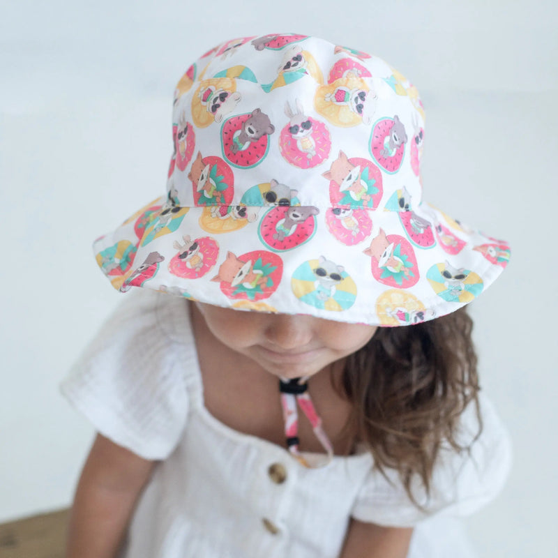 Baby and kids sun hat with colorful floating ring print for summer UV protection.
