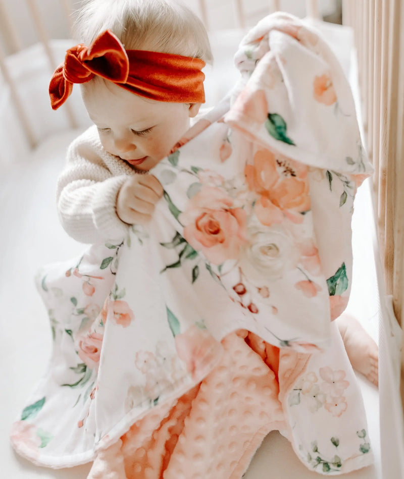 Premium baby and toddler blanket with peach floral design, super soft and lightweight, featuring minky dot texture, 30 x 40 inches.