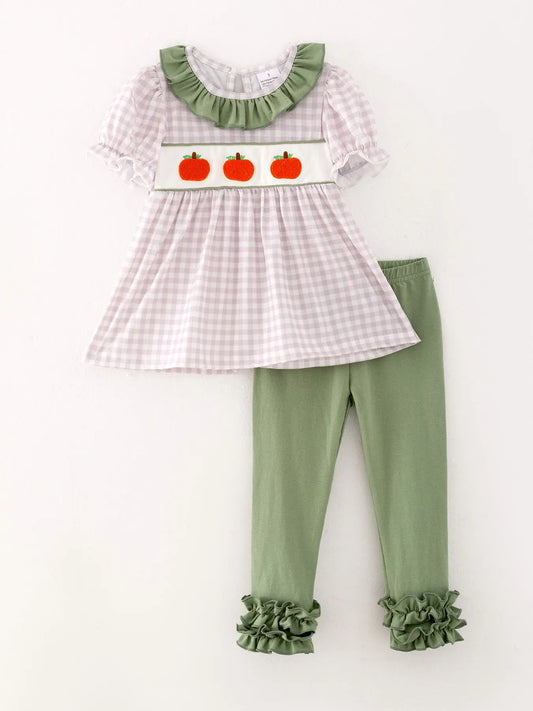 Halloween Girls Pumpkin Chenille Patches Plaid Top and Pants Set Rylee Faith Designs Everetts Place: Online Boutique