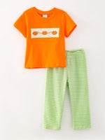 Rylee Faith Designs Halloween Orange Boys Cotton Pumpkin Smocking Embroidered Top and Plaid Trousers Set - Apparel & Accessories > Clothing > Baby & Toddler Clothing Outfit