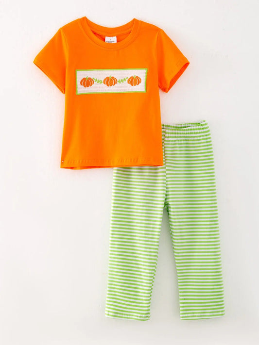 Halloween Orange Boys Cotton Pumpkin Smocking Embroidered Top and Plaid Trousers Set Rylee Faith Designs Everetts Place: Online Boutique