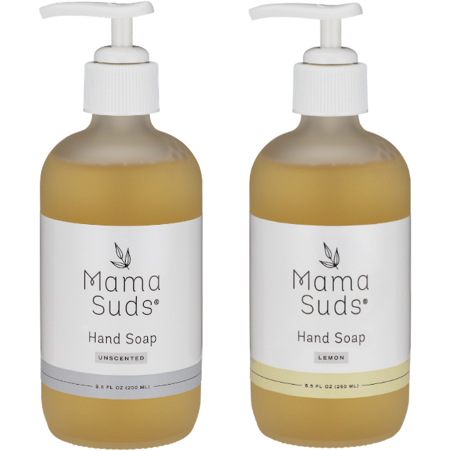Hand soap in glass bottles, available in unscented and lemon essential oil options.