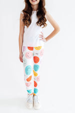 Soft Mila & Rose organic baby leggings, Happy Days pattern.