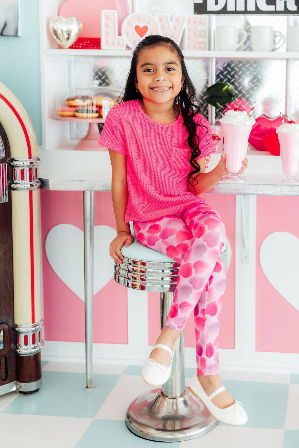 Mila & Rose organic Happy Heart Day Leggings, red heart print.