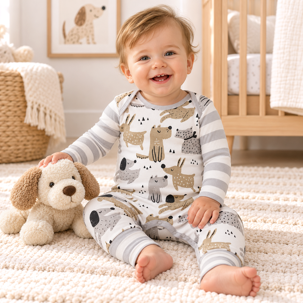 Cotton Rib Romper - Puppy Dog Print