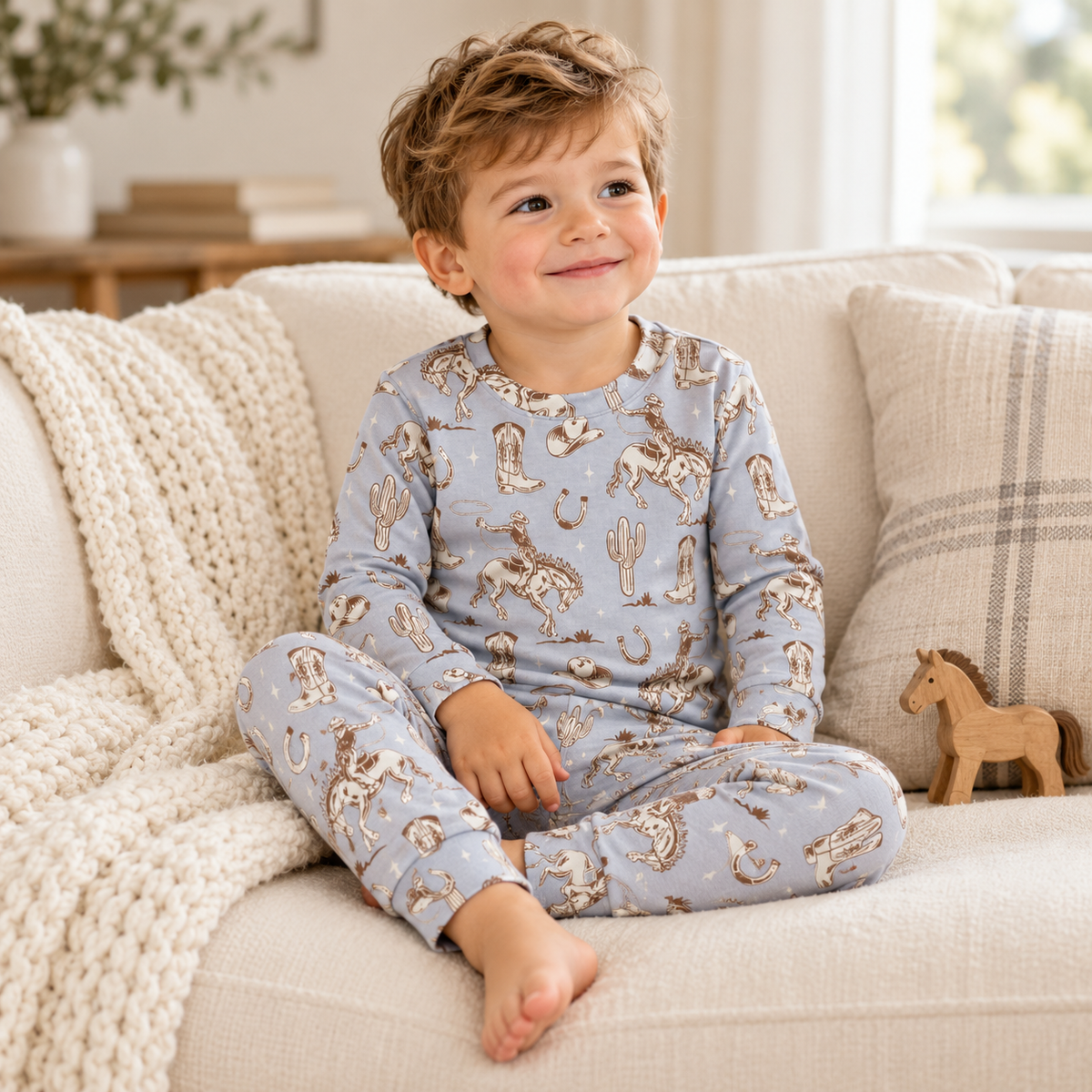 Bamboo Kids Pajama Set, Blue Cowboy Western