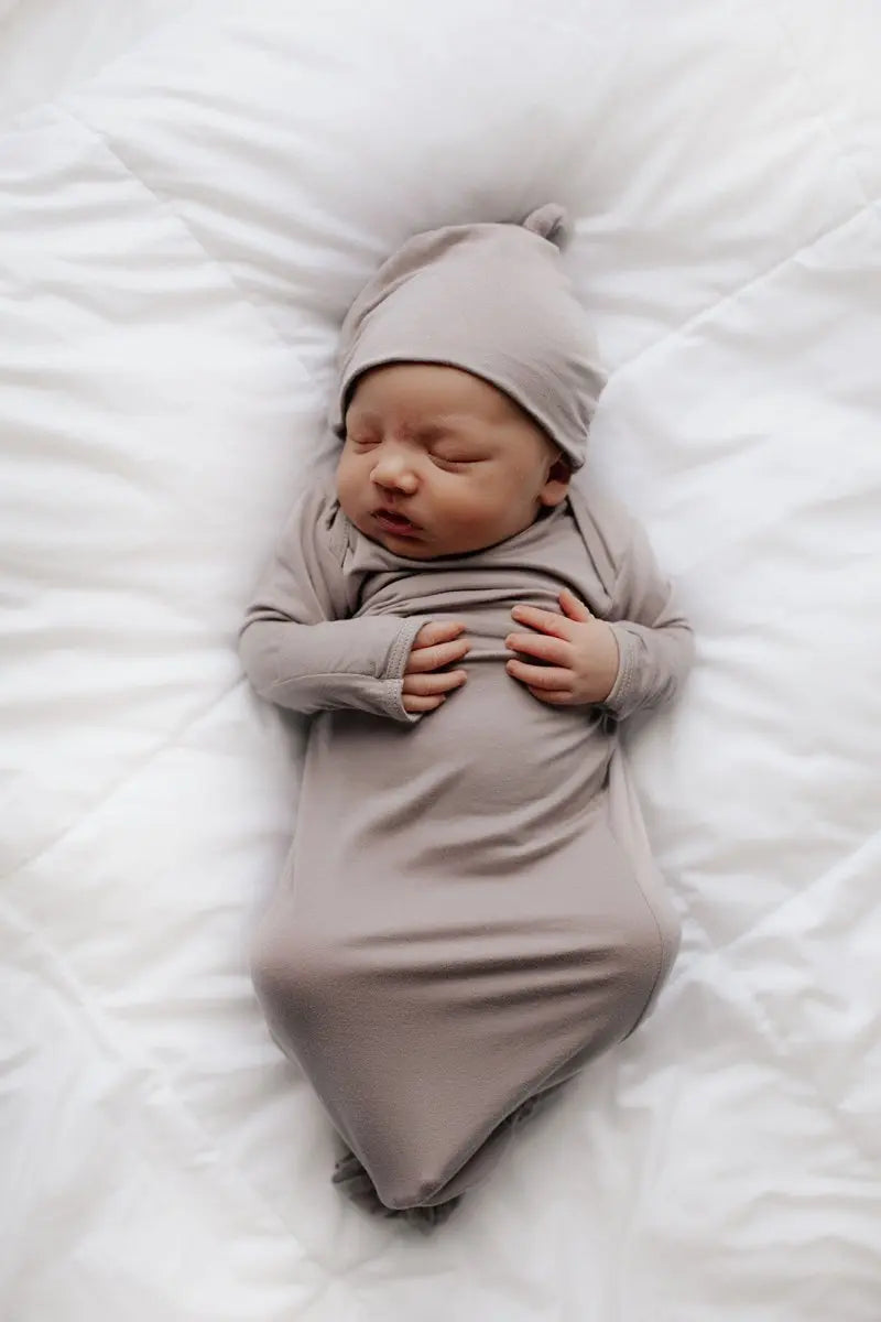 Three Little Tots Harbor Mist Neutral Knotted Newborn Baby Gown - 