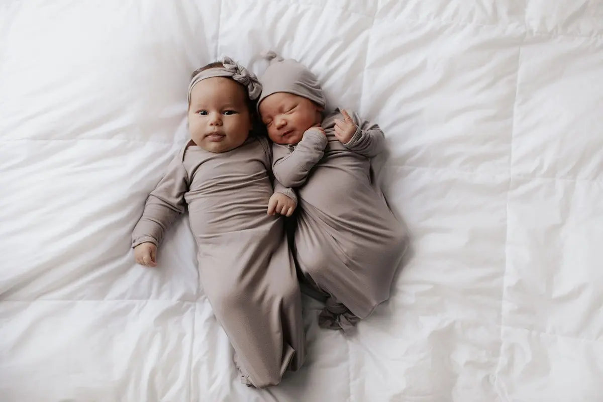 Three Little Tots Harbor Mist Neutral Knotted Newborn Baby Gown - 