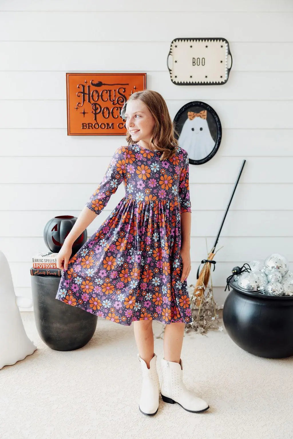 Mila & Rose ® Haunted Garden Twirl Dress With Pockets Three Quarter Sleeve - Apparel & Accessories > Clothing > Dresses Twirl Pocket Dress 3/4