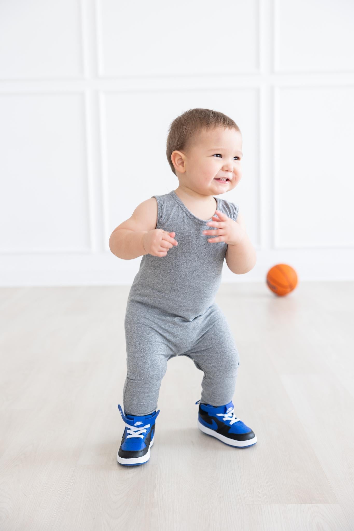 Mila & Rose heather gray tank one-piece jogger for babies.