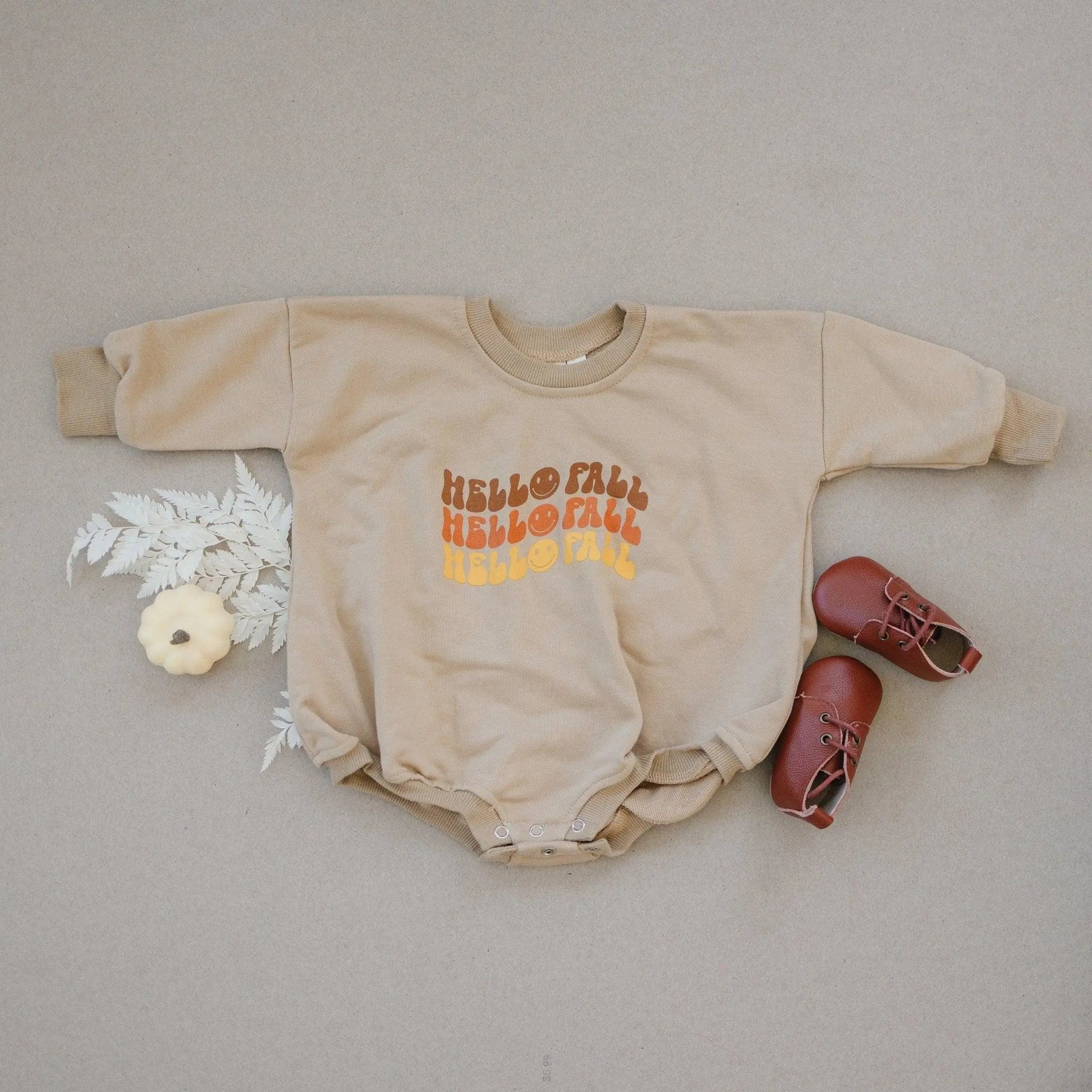 Little Joy Co. Hello Fall Graphic Oversized Sweatshirt Romper for Baby -