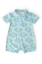 Mila & Rose organic baby green polo shorty one-piece.