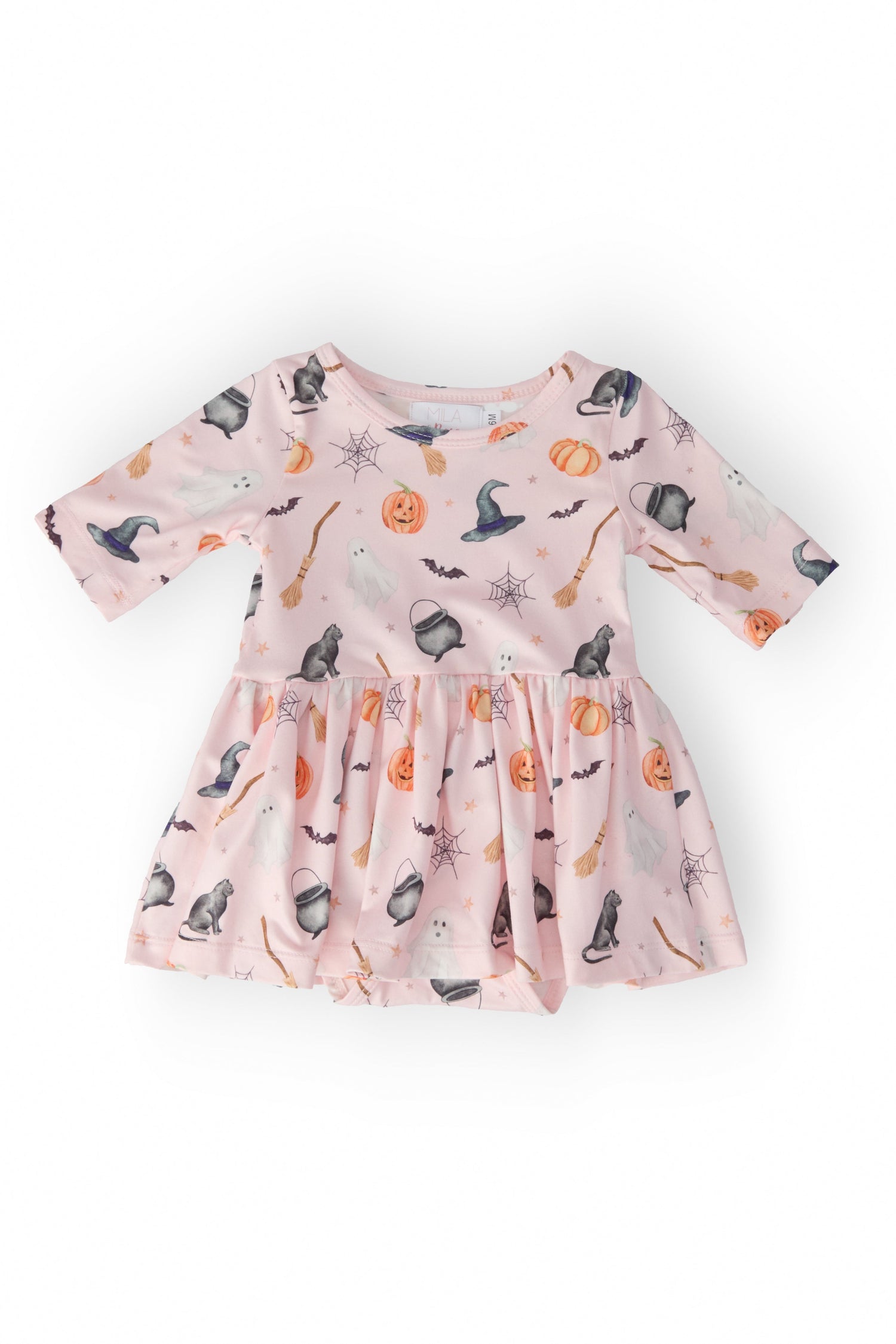 Baby twirl bodysuit with 3/4 sleeves, "Hey Boo" design, and a full attached skirt