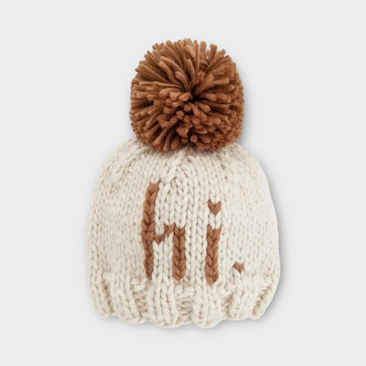 Hi Beanie Hand Knit Baby Hat with Pecan Pom Pom in Natural Yarn Kolorful Everetts Place: Online Boutique 24.00