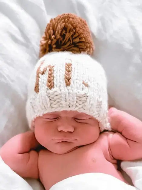 Hi Beanie Hand Knit Baby Hat with Pecan Pom Pom in Natural Yarn Kolorful Everetts Place: Online Boutique 24.00