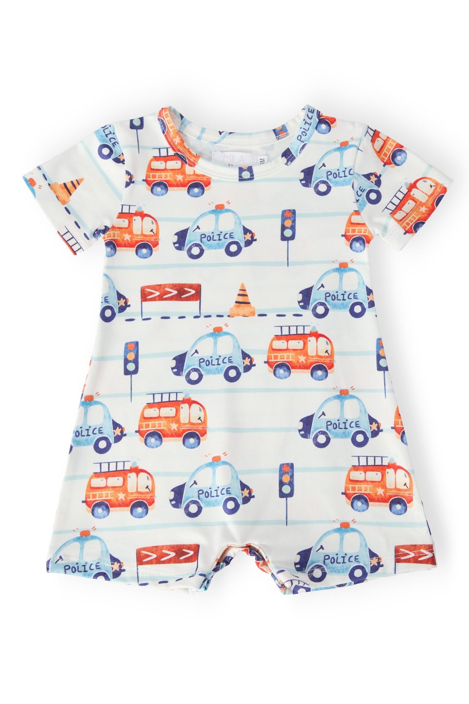 Short-sleeve shorty one-piece romper with a highway vehicles print and snap closure at the bottom