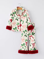 Holiday Bow Print Christmas Pajama Set Girls Cozy Sleepwear Rylee Faith Designs Everetts Place: Online Boutique