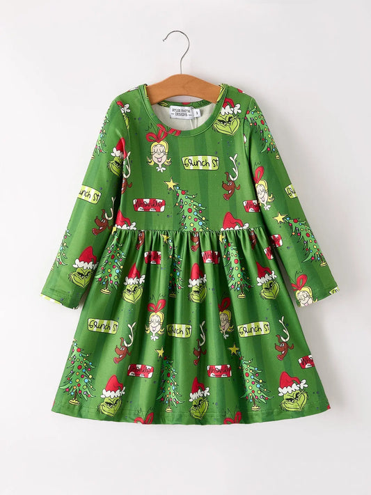 Holiday Elf And Christmas Tree Pattern Girls Dress Rylee Faith Designs Everetts Place: Online Boutique