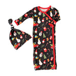 Baby gown and matching hat in a red Holiday Cheer print, with fold-over cuffs at the feet