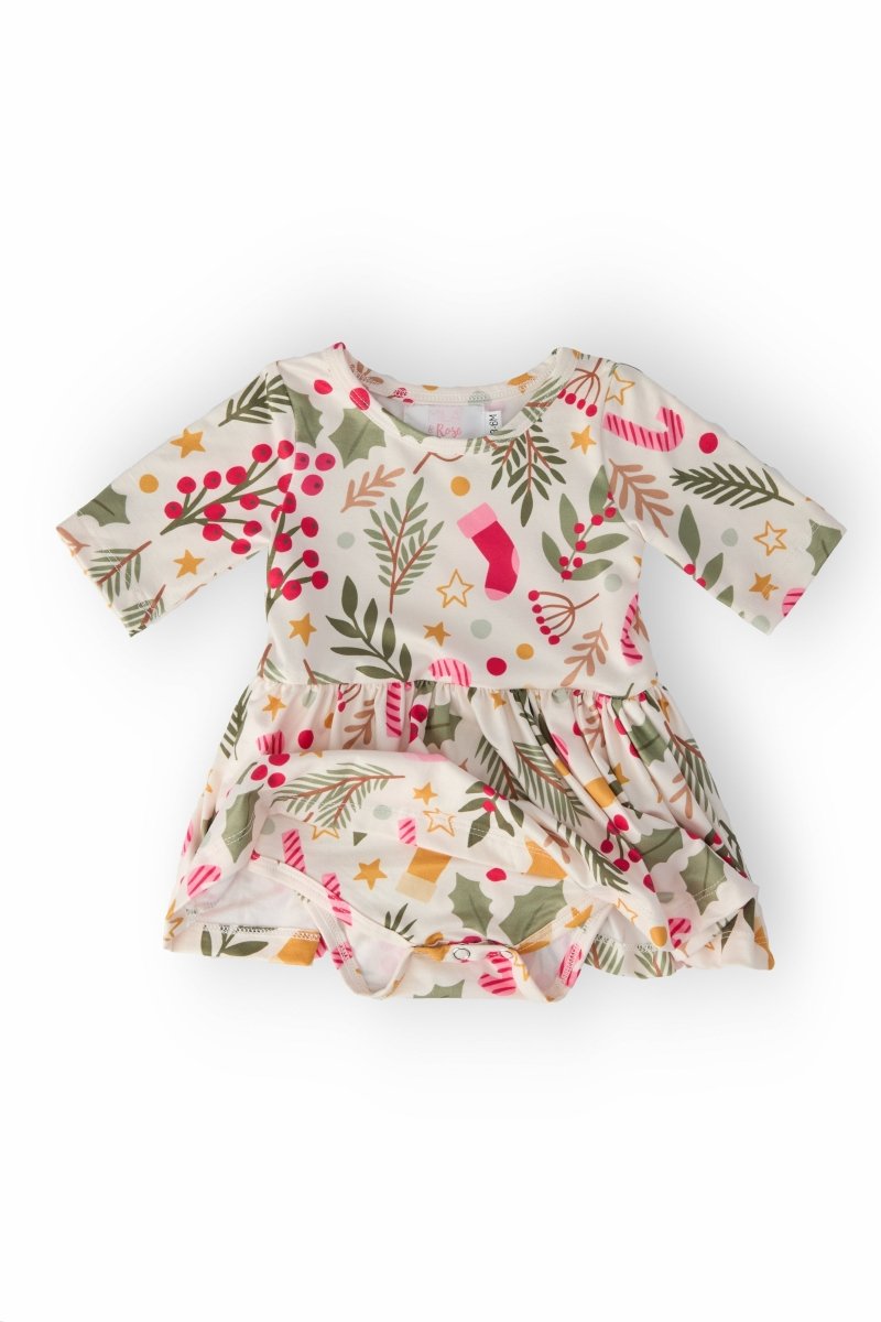 Mila & Rose ® Holly Jolly Christmas 3 4 Sleeve Twirl Bodysuit For Babies - Everetts Place Boutique - 