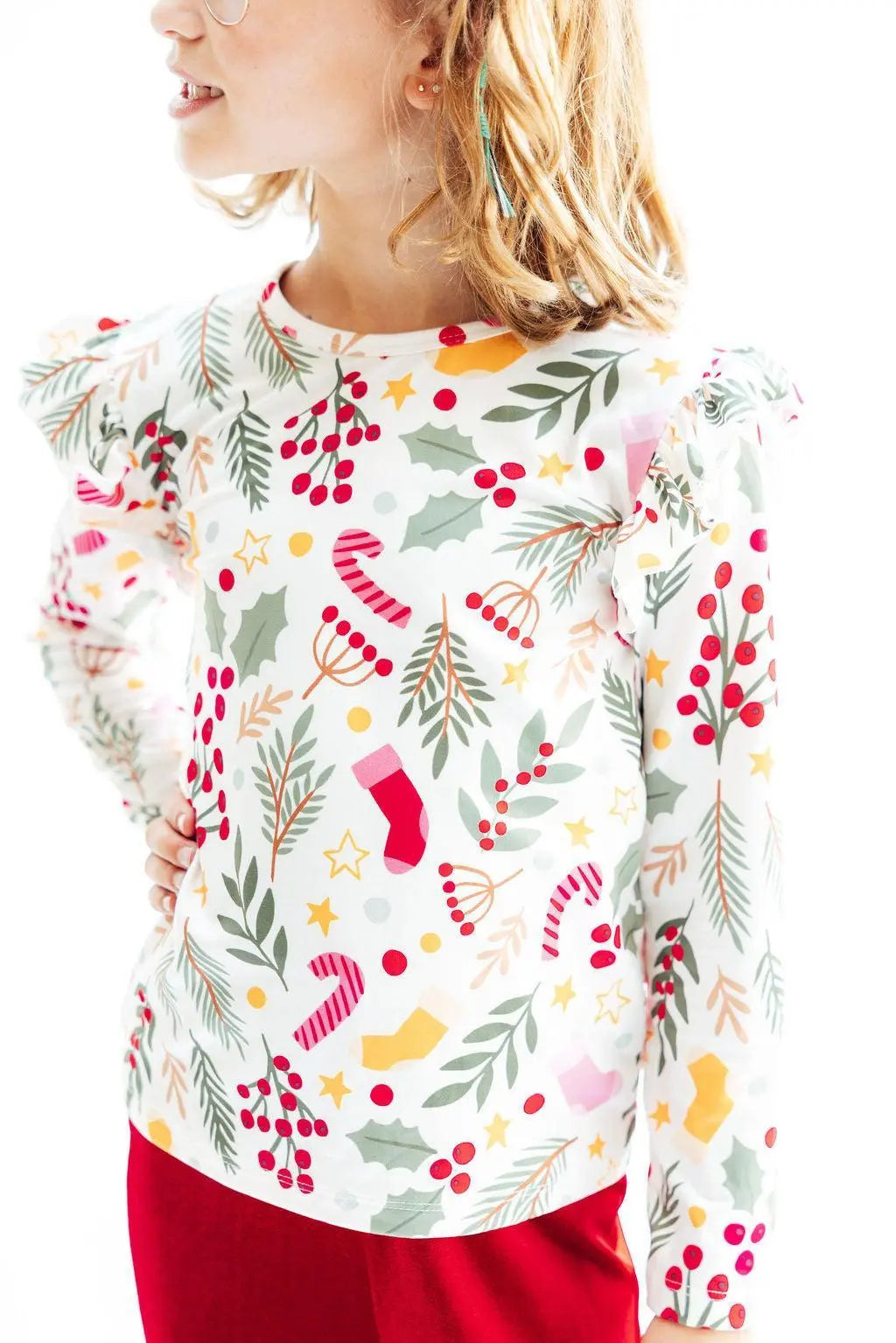 Mila & Rose ® Holly Jolly Christmas Long Sleeve Ruffle Tee For Girls - Apparel & Accessories > Clothing > Clothing Tops Ruffle Tee L/S