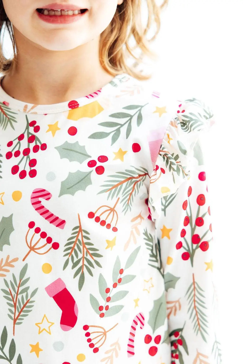 Mila & Rose ® Holly Jolly Christmas Long Sleeve Ruffle Tee For Girls - Apparel & Accessories > Clothing > Clothing Tops Ruffle Tee L/S