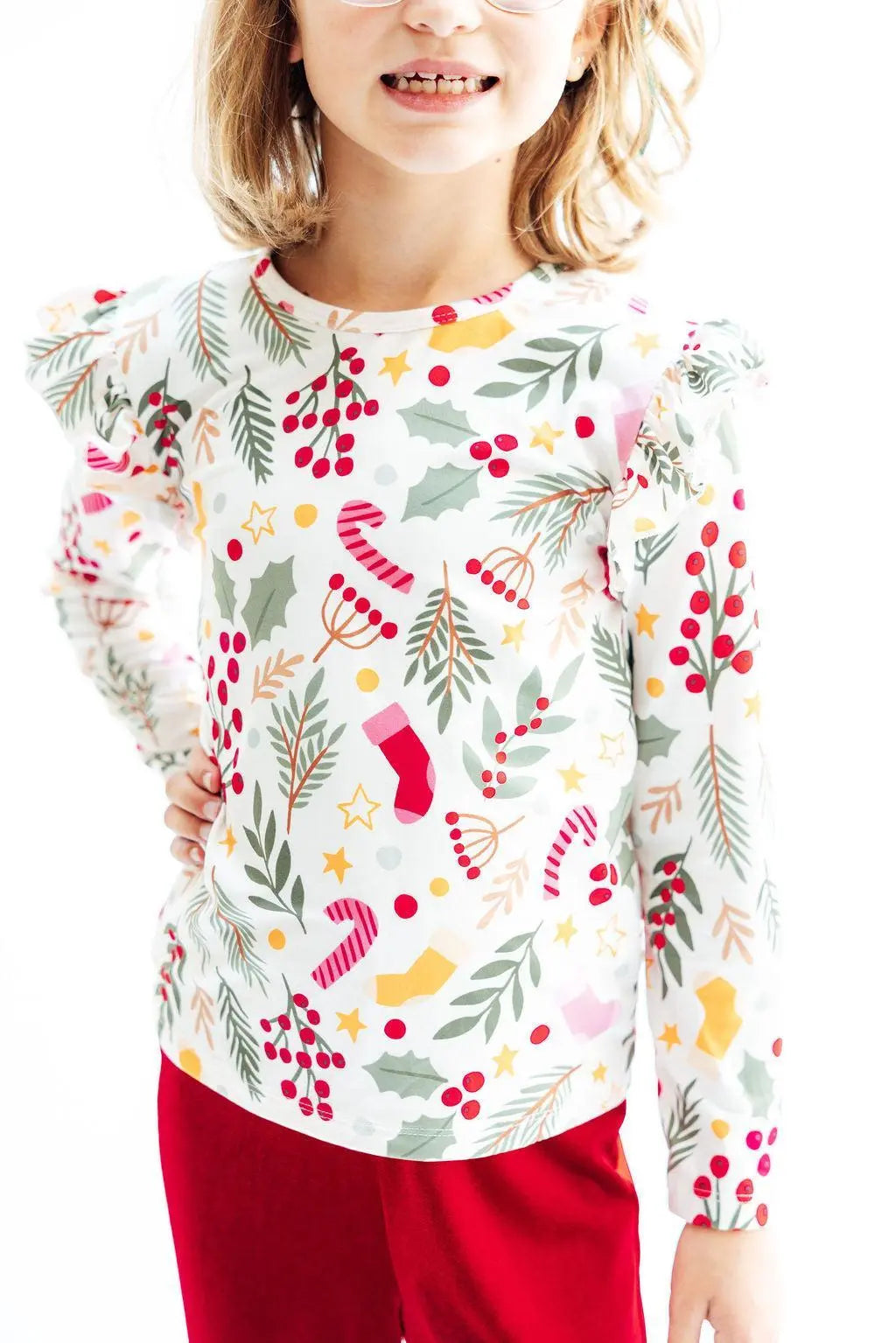 Mila & Rose ® Holly Jolly Christmas Long Sleeve Ruffle Tee For Girls - Apparel & Accessories > Clothing > Clothing Tops Ruffle Tee L/S