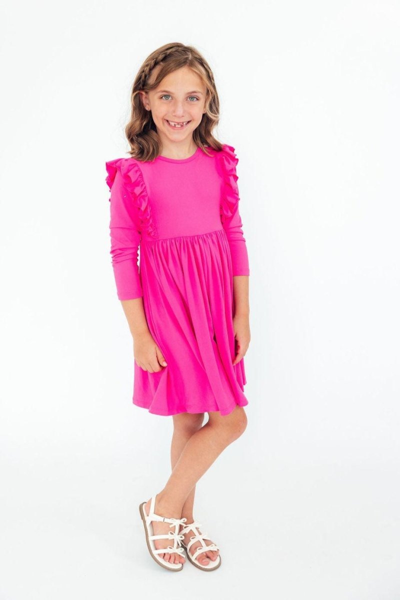 Mila & Rose ® Hot Pink Long Sleeve Ruffle Twirl Dress For Girls Everyday - Everetts Place Boutique - 