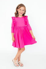 Mila & Rose ® Hot Pink Long Sleeve Ruffle Twirl Dress For Girls Everyday - Everetts Place Boutique - 