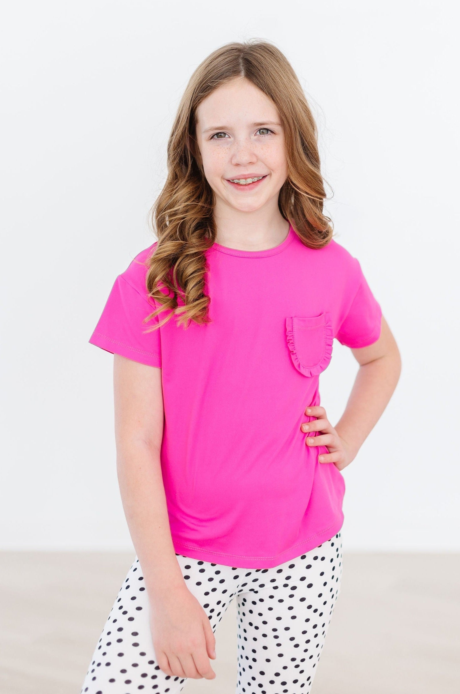 Hot Pink Ruffle Pocket Tee For Girls Boxy Fit Casual Tee Mila & Rose ® Everetts Place: Online Boutique