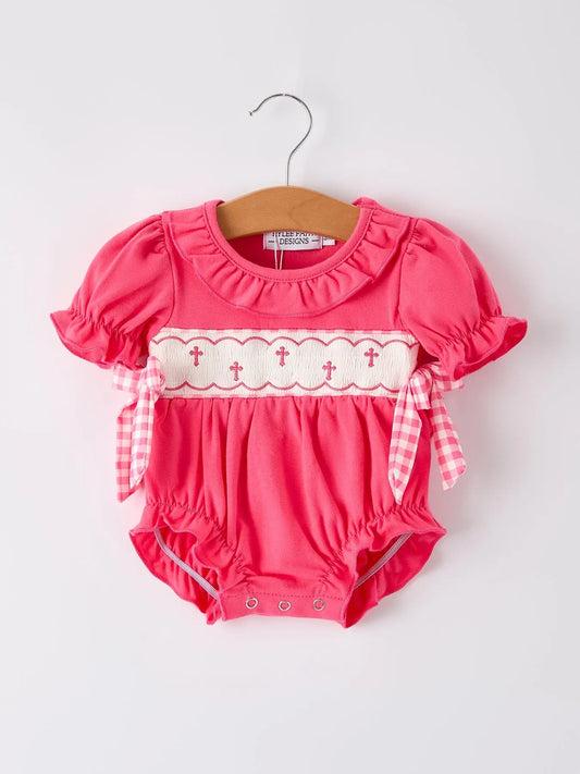 Hot Pink Smocked Church Bishop Christening Romper Rylee Faith Designs Everetts Place: Online Boutique