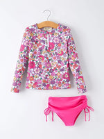 Rylee Faith Designs Hot Pink Summer Floral Girls Long - Sleeved Swimsuit Set - 