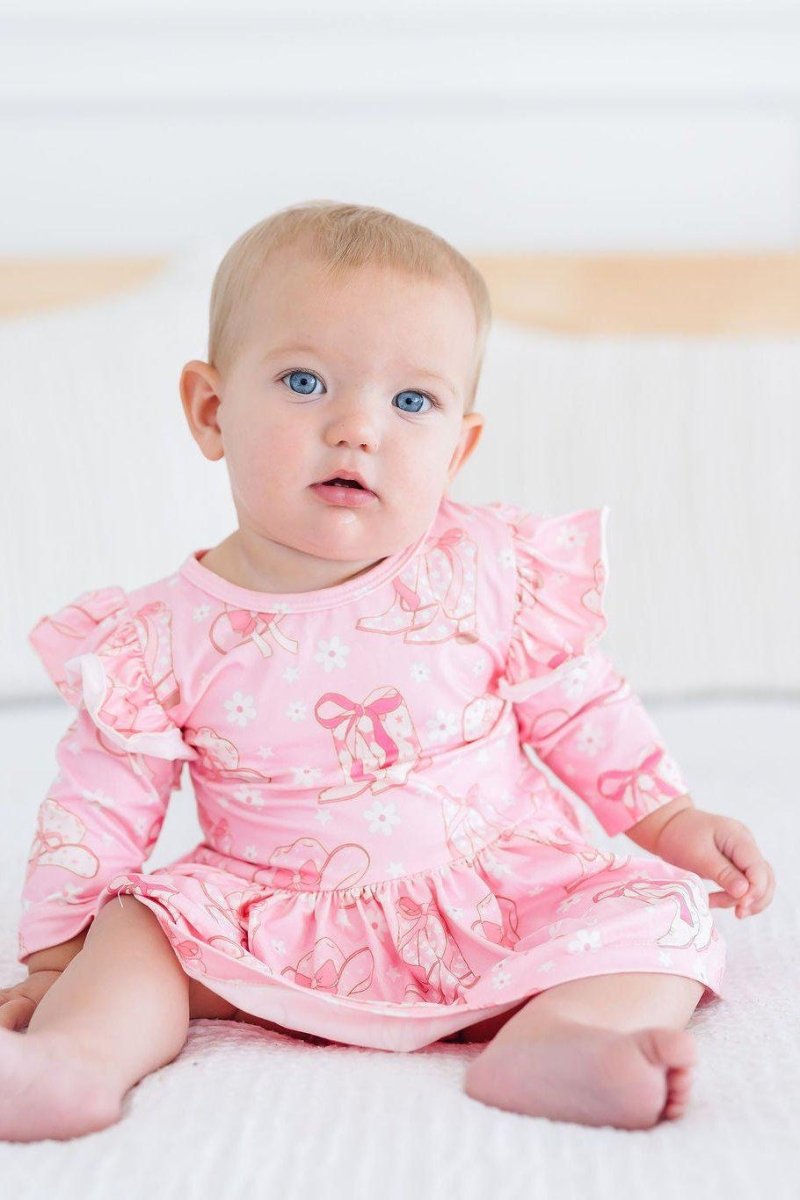 Mila & Rose ® Howdy Flutter Sleeve Twirl Bodysuit For Baby Girls Pink - Everetts Place Boutique - 