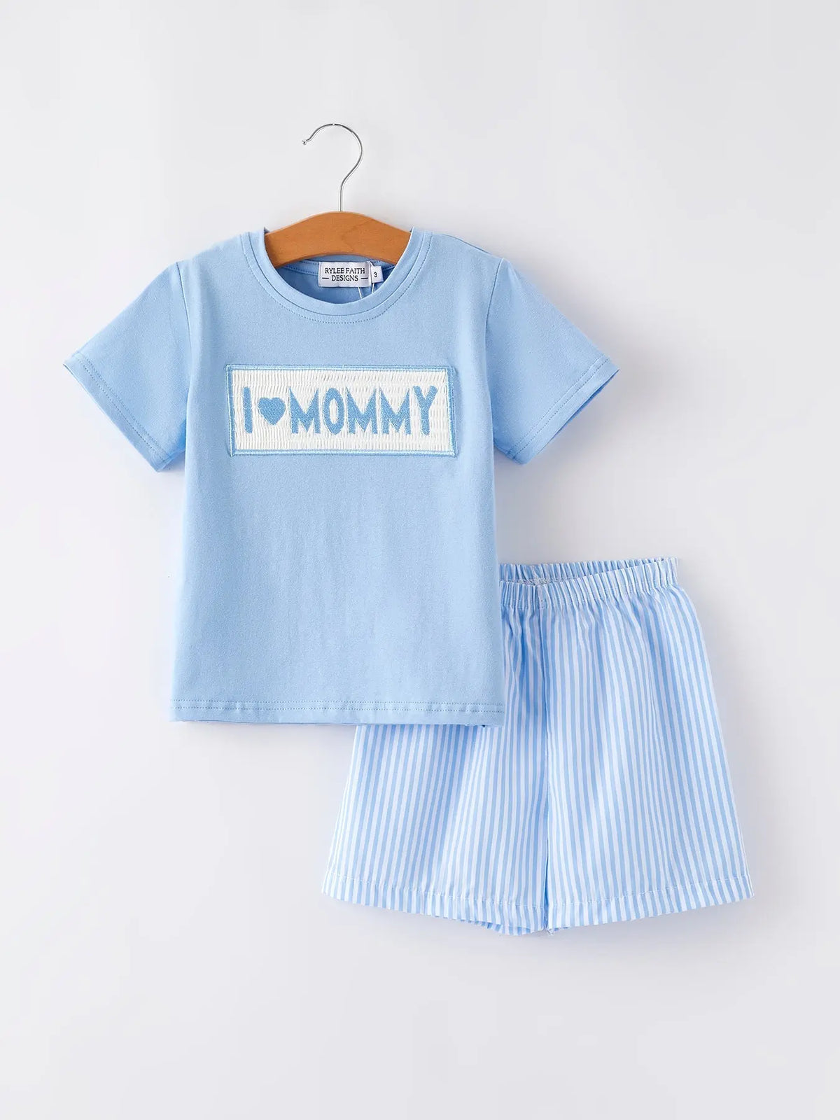 Rylee Faith Designs "I ❤ MOMMY" Embroidery Smocking Baby Boys Striped Shorts Set - 