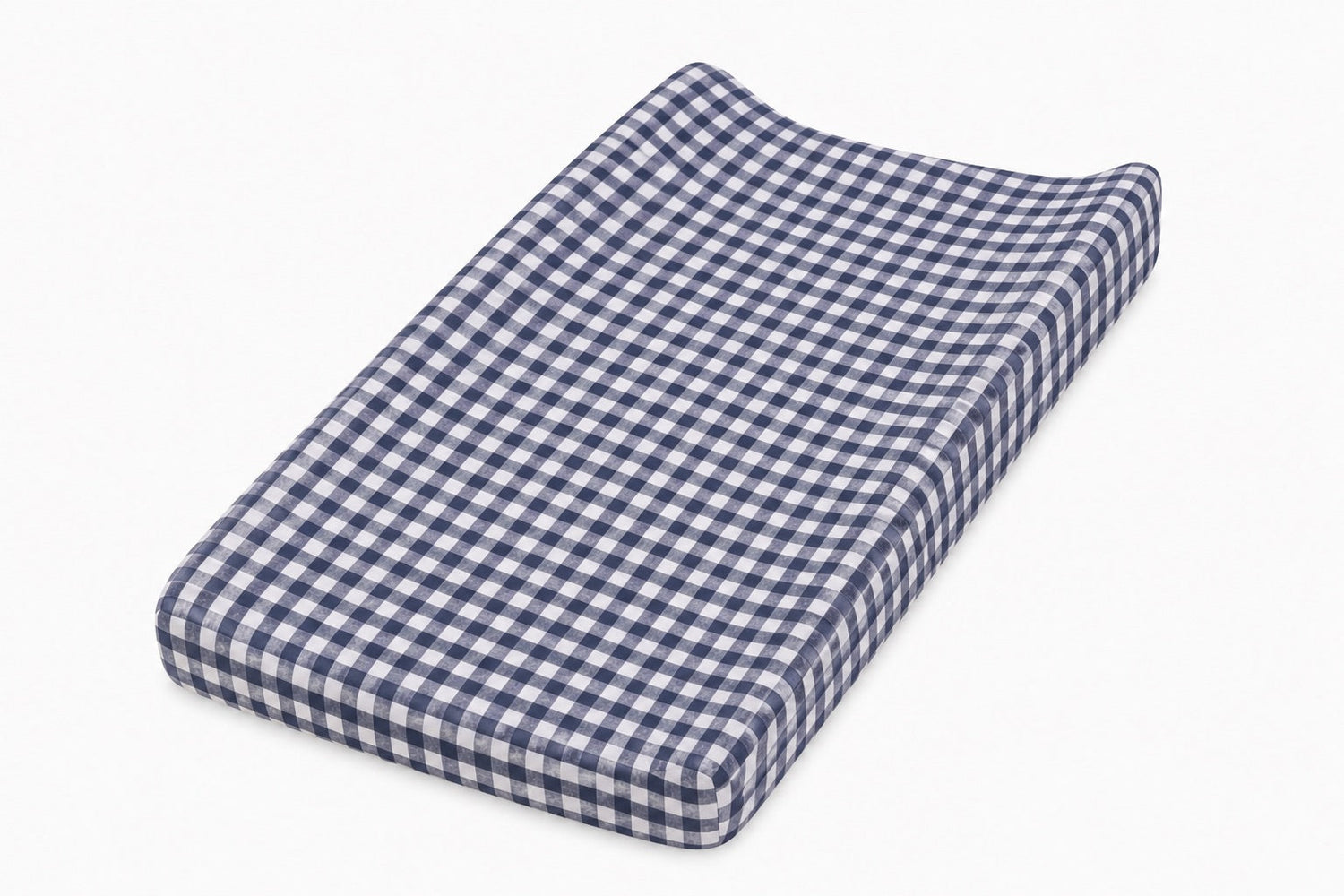 Navy blue and white gingham changing pad cover fitted over a contoured changing pad.