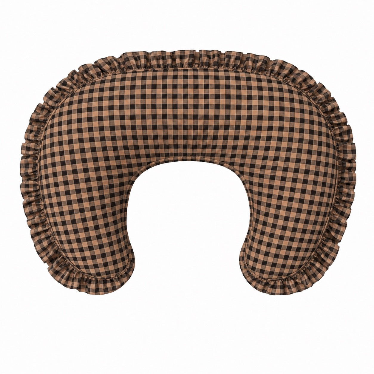 Nursing pillow cover in brown and black gingham with a ruffle trim edge