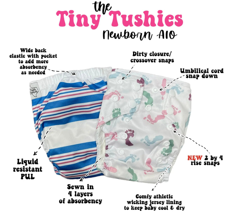 Tiny Tushies Newborn AIO Cloth Diaper with pocket opening and 4 layers of absorbency.