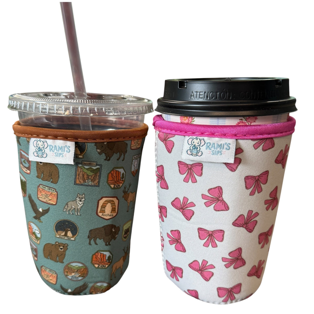 Rami’s Sips Pink Bow Hot & Cold Cup Cozy: Coozie by Rayn’s Tiny Stitches