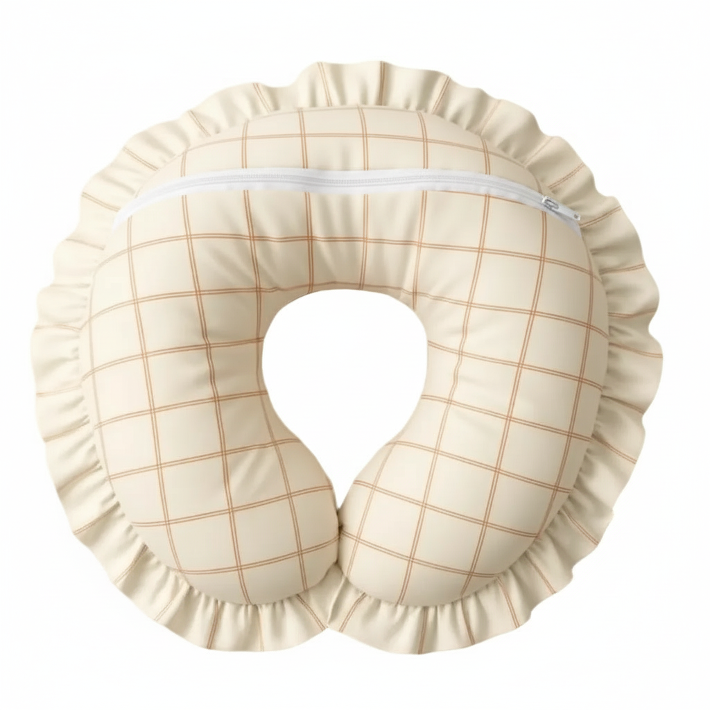 Little Mae & Co beige woven nursing pillow cover with delicate ruffle detail for comfortable feeding