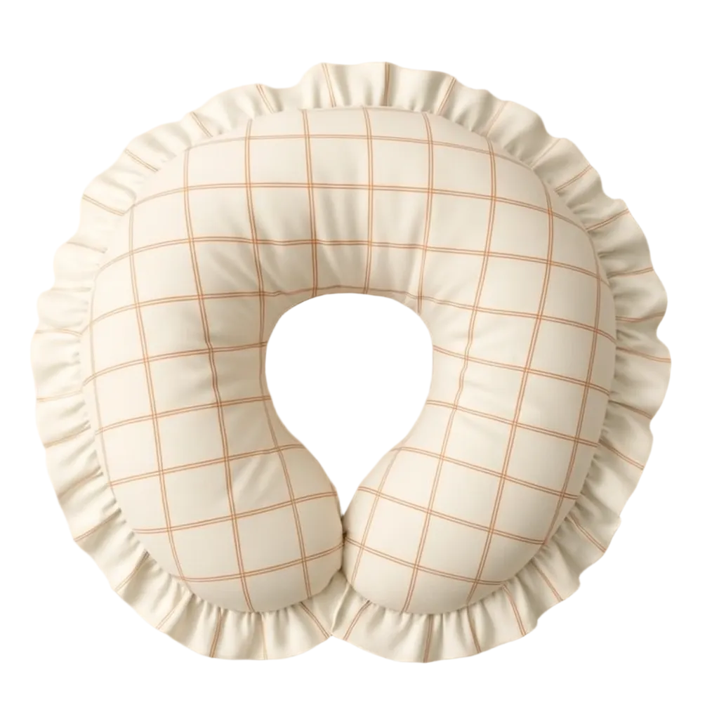 Little Mae & Co beige woven nursing pillow cover with delicate ruffle detail for comfortable feeding