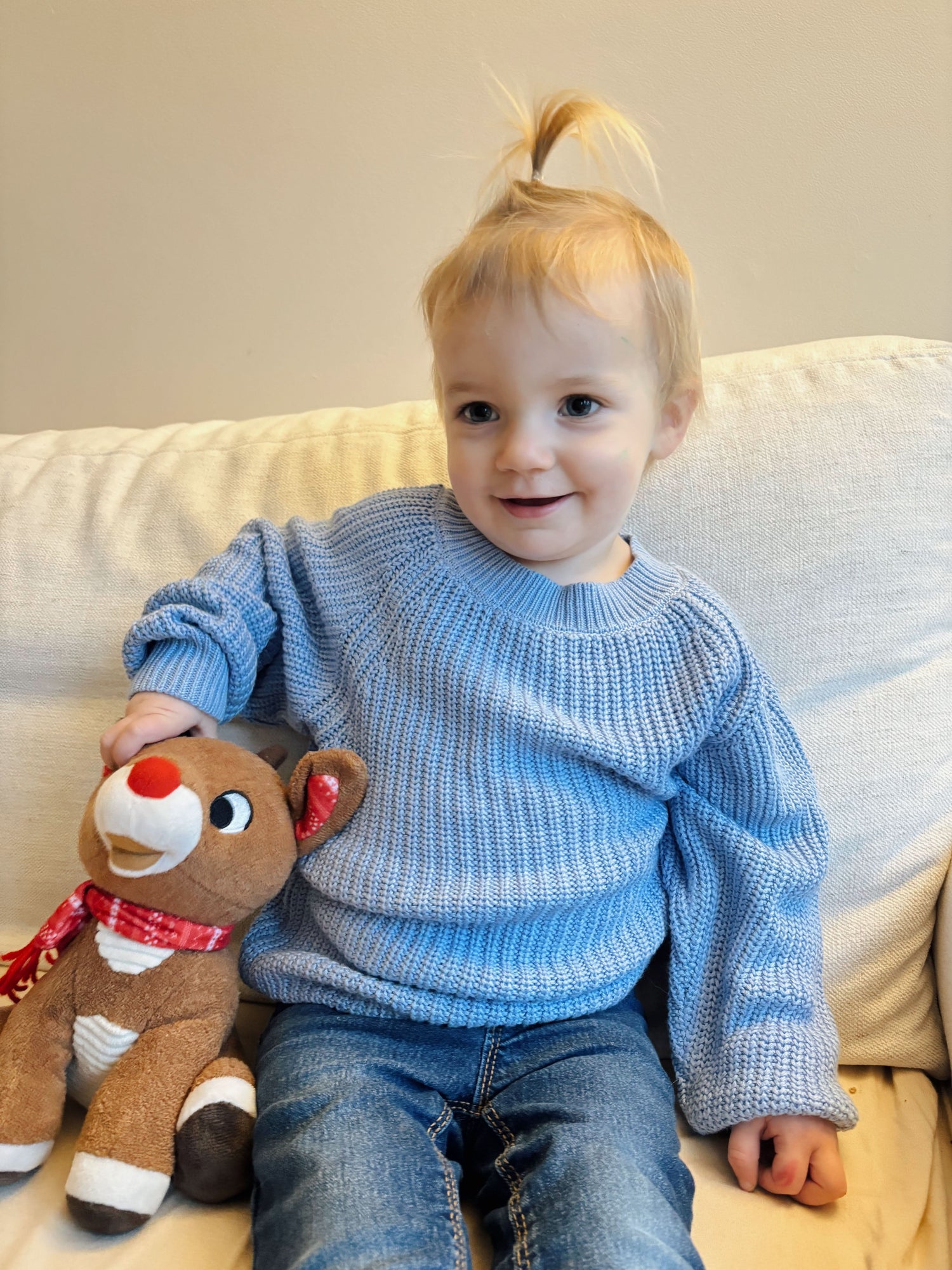Children's chunky knit sweater in Arctic, a cool wintery shade, with a textured knit.