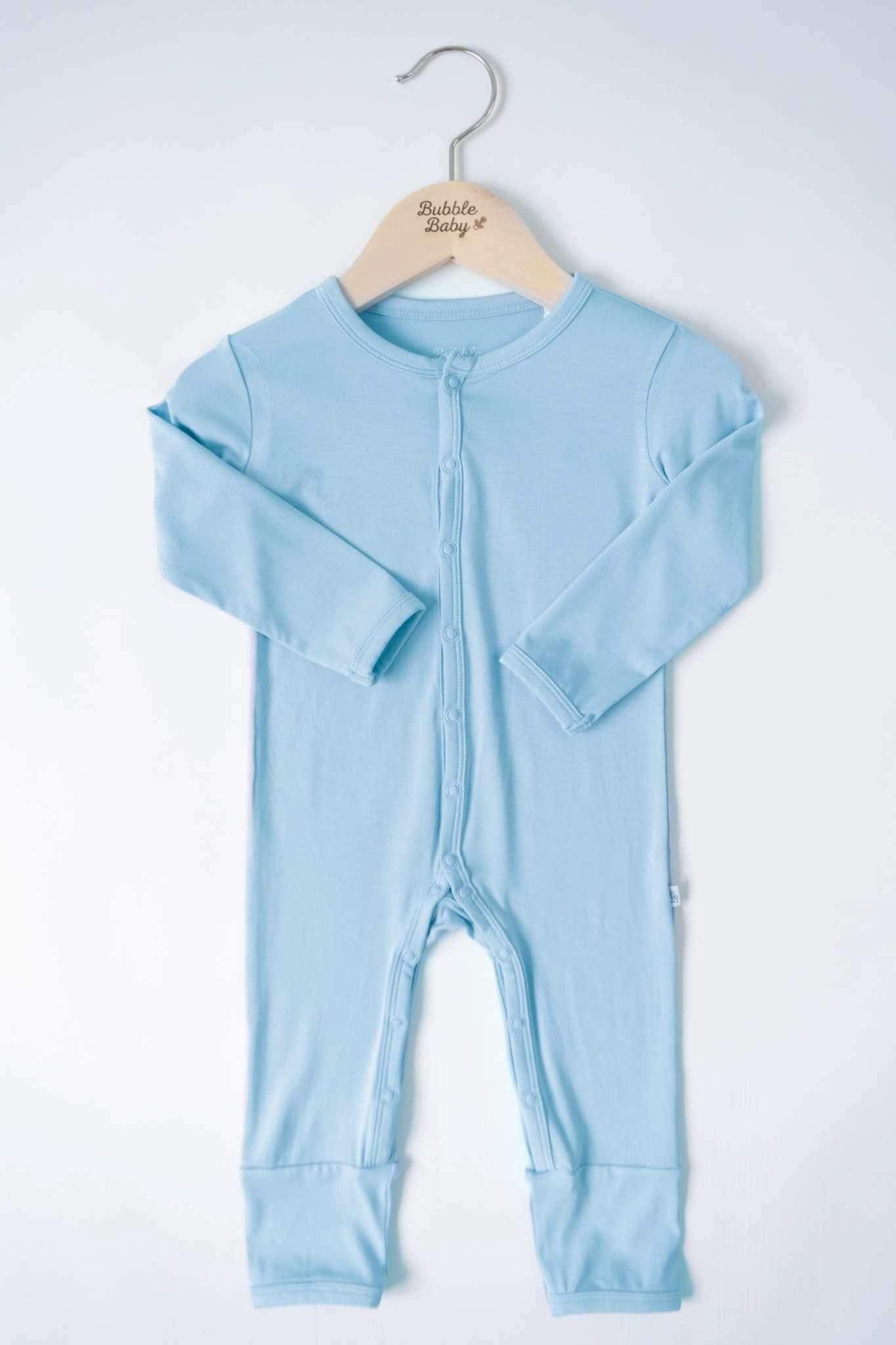 Sky blue baby snap romper with fold-over hand cuffs and full-length snap closure