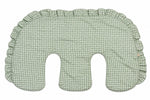 Ruffled twin nursing pillow cover made of cotton, shown fitted over a twin nursing pillow