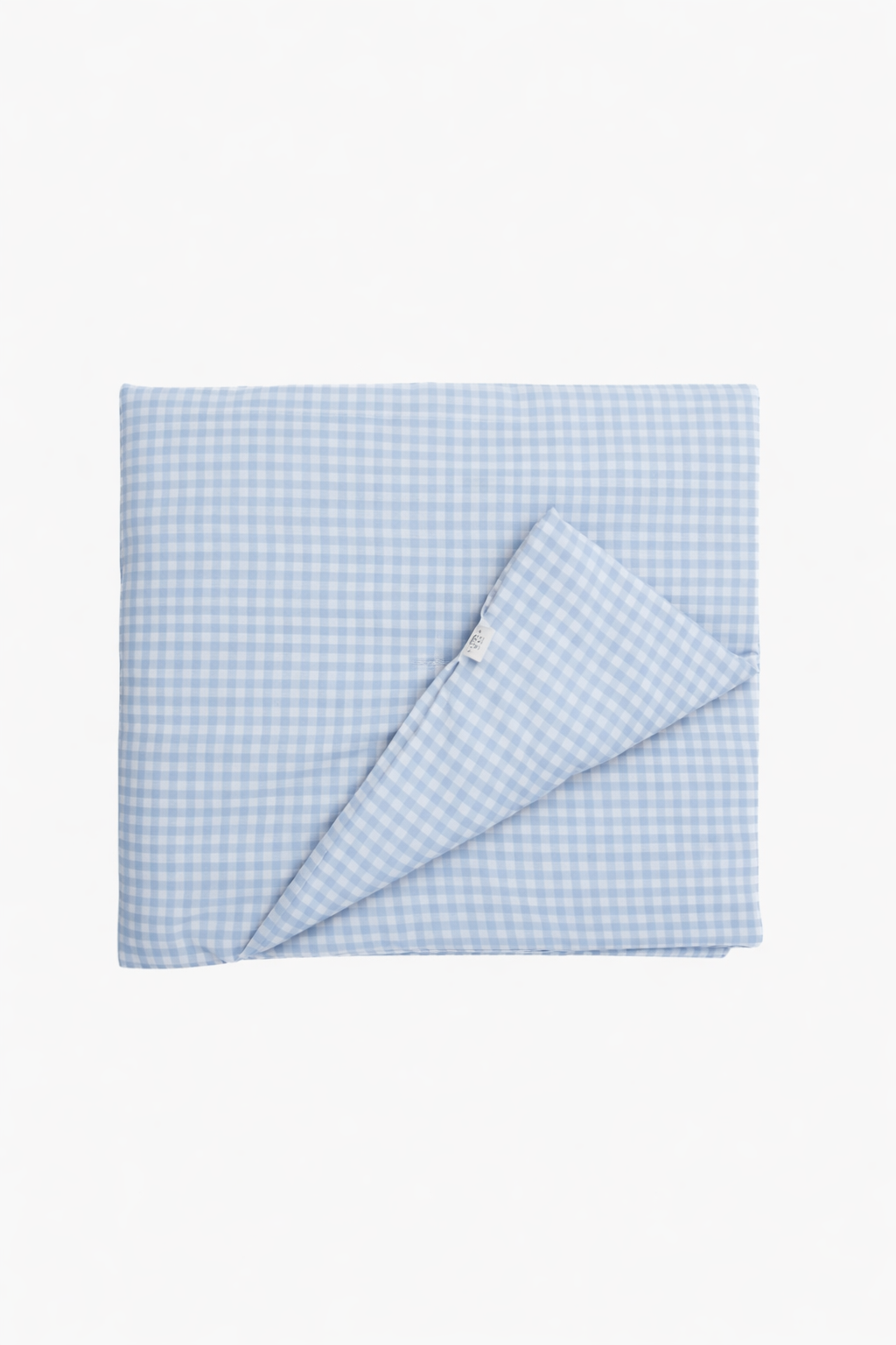 Blue and white gingham quilted crib blanket with hand-tufted stitching.