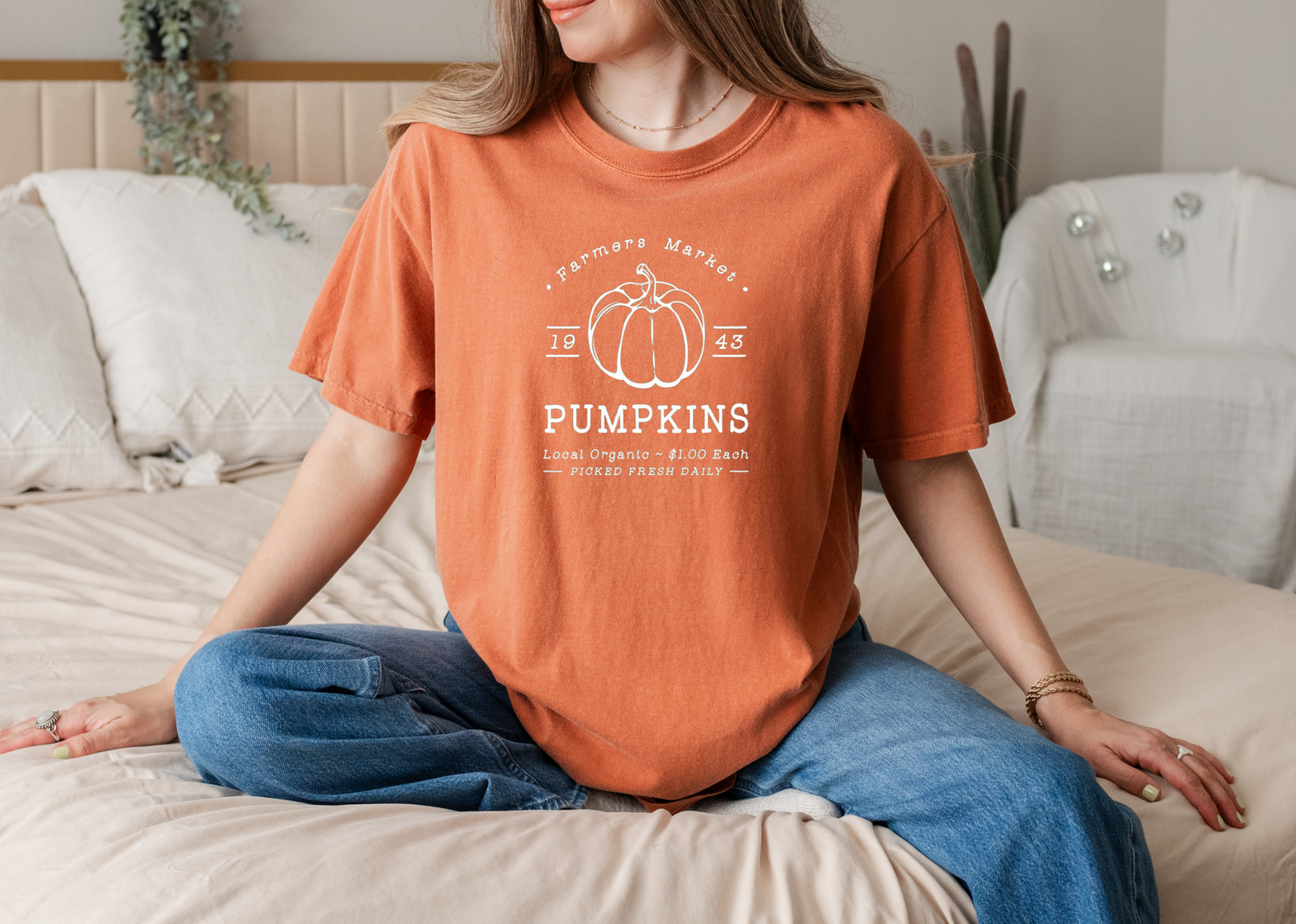Yam orange short-sleeve tee with a pumpkin and 'Farmers Market' graphic on the front.