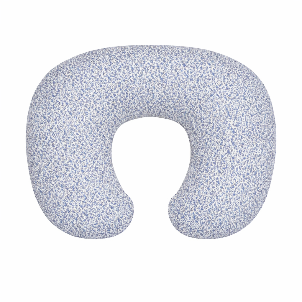 Nursing pillow cover in blue floral print with a solid ivory backing.