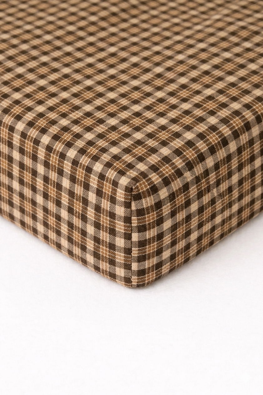 Brown and white plaid gingham crib sheet fitted on a standard crib mattress
