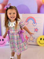 Back To School Plaid Crayon Embroidery Girls Dress Bow Puff Sleeve by Rylee Faith Designs at Everetts Place