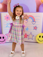 Back To School Plaid Crayon Embroidery Girls Dress Bow Puff Sleeve by Rylee Faith Designs at Everetts Place
